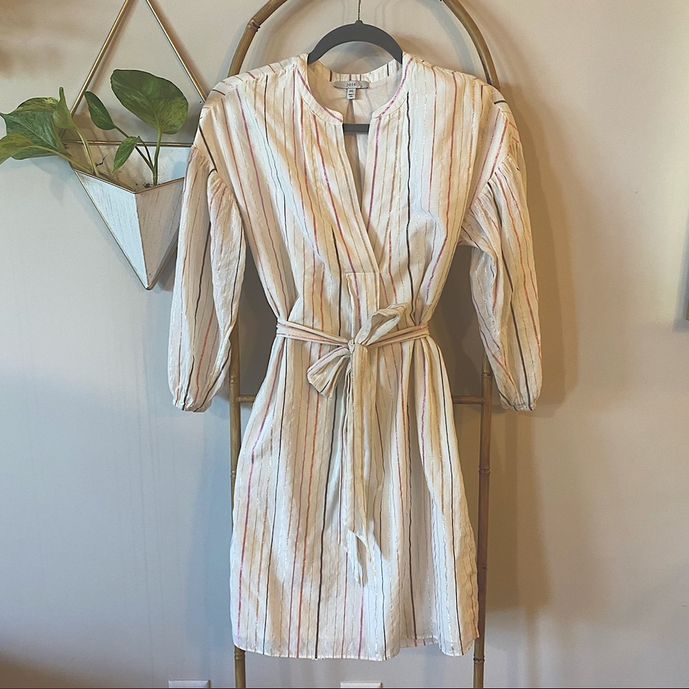 Joie metallic striped tie waist long puff sleeve dress